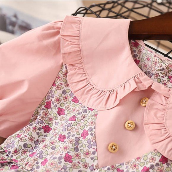 Girls Collared Pink Floral Short Sleeve Dress - Picture 3 of 8